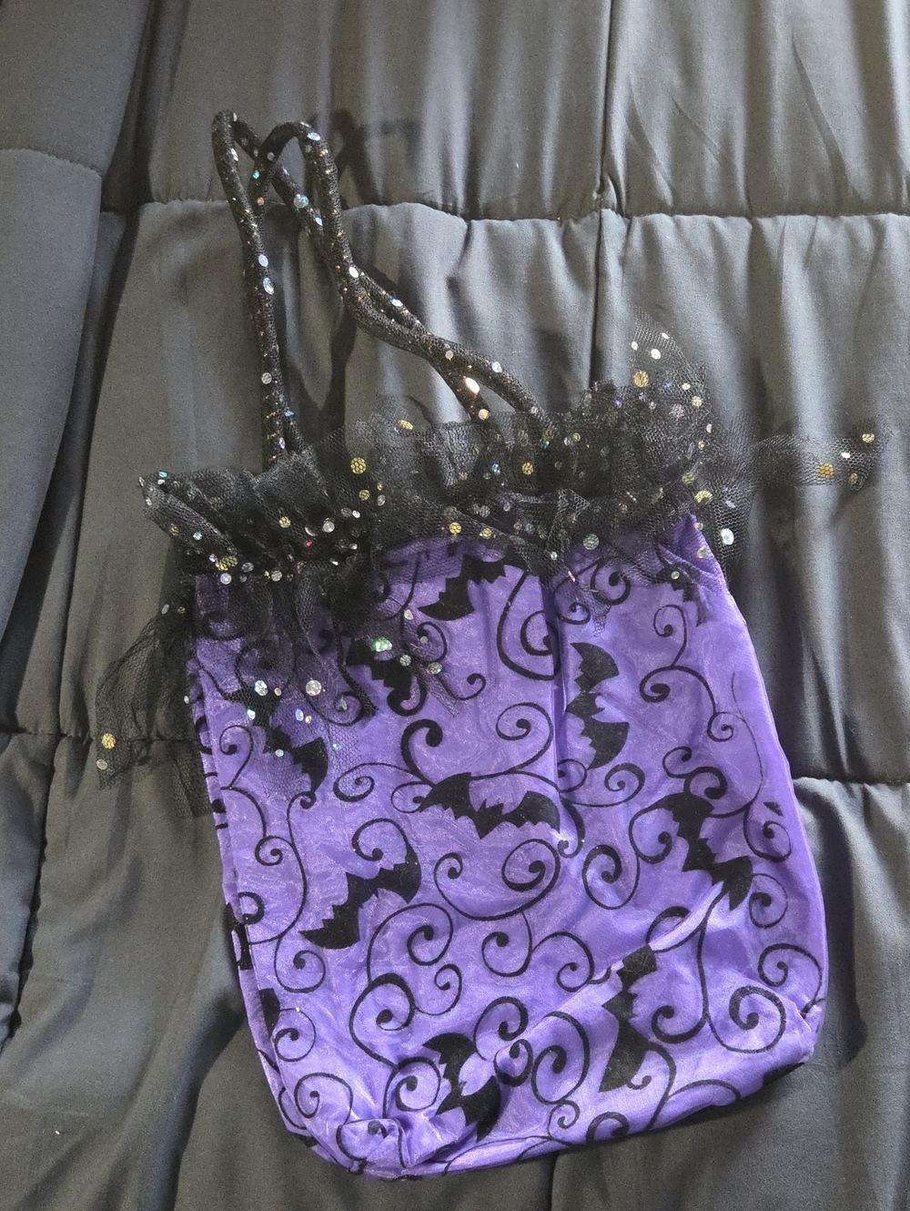 Purple and Black Bat Print Tulle Tote Bag
